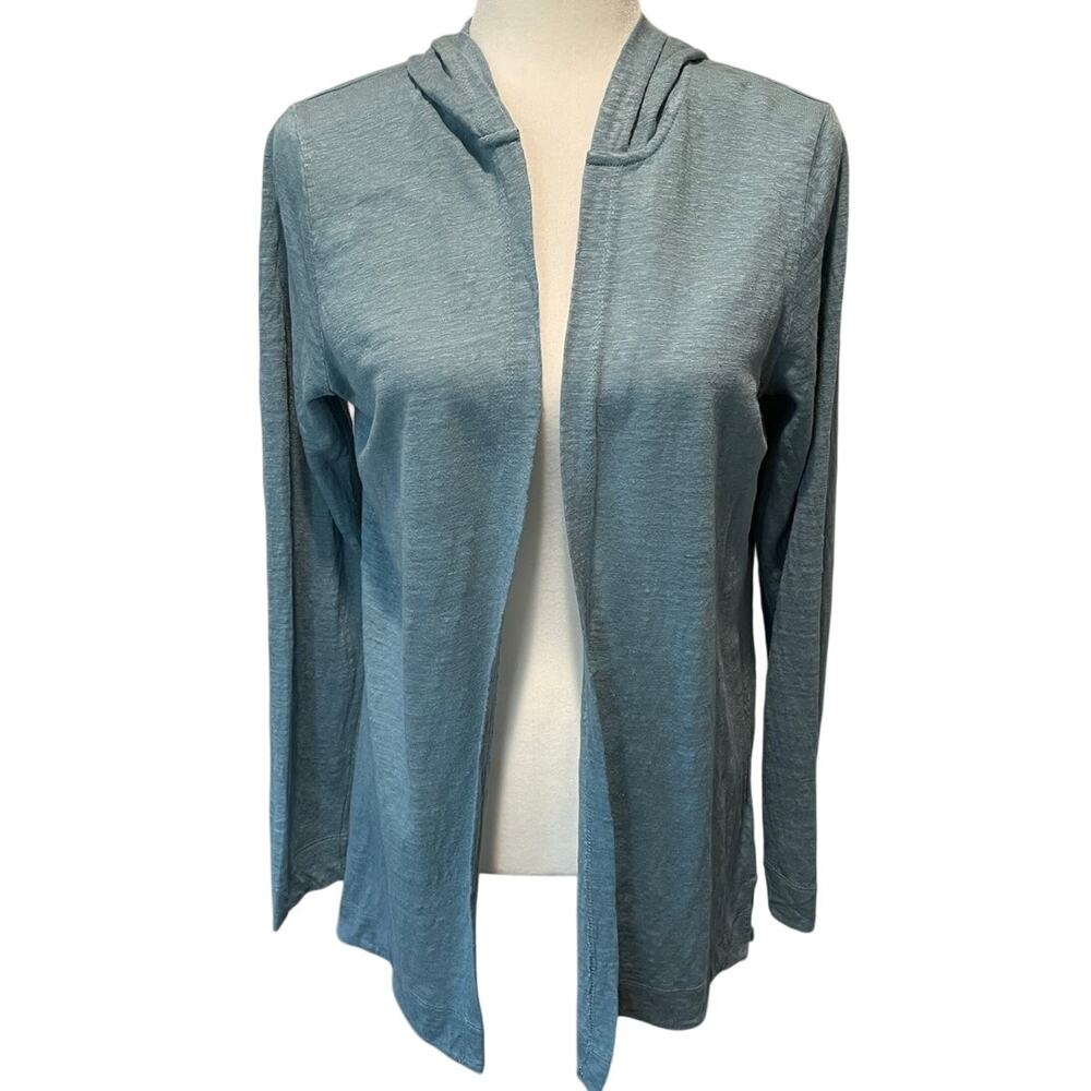 Cynthia Rowley 100% Linen Cardigan Sweater Sz L Hooded Open Front Blue Coastal